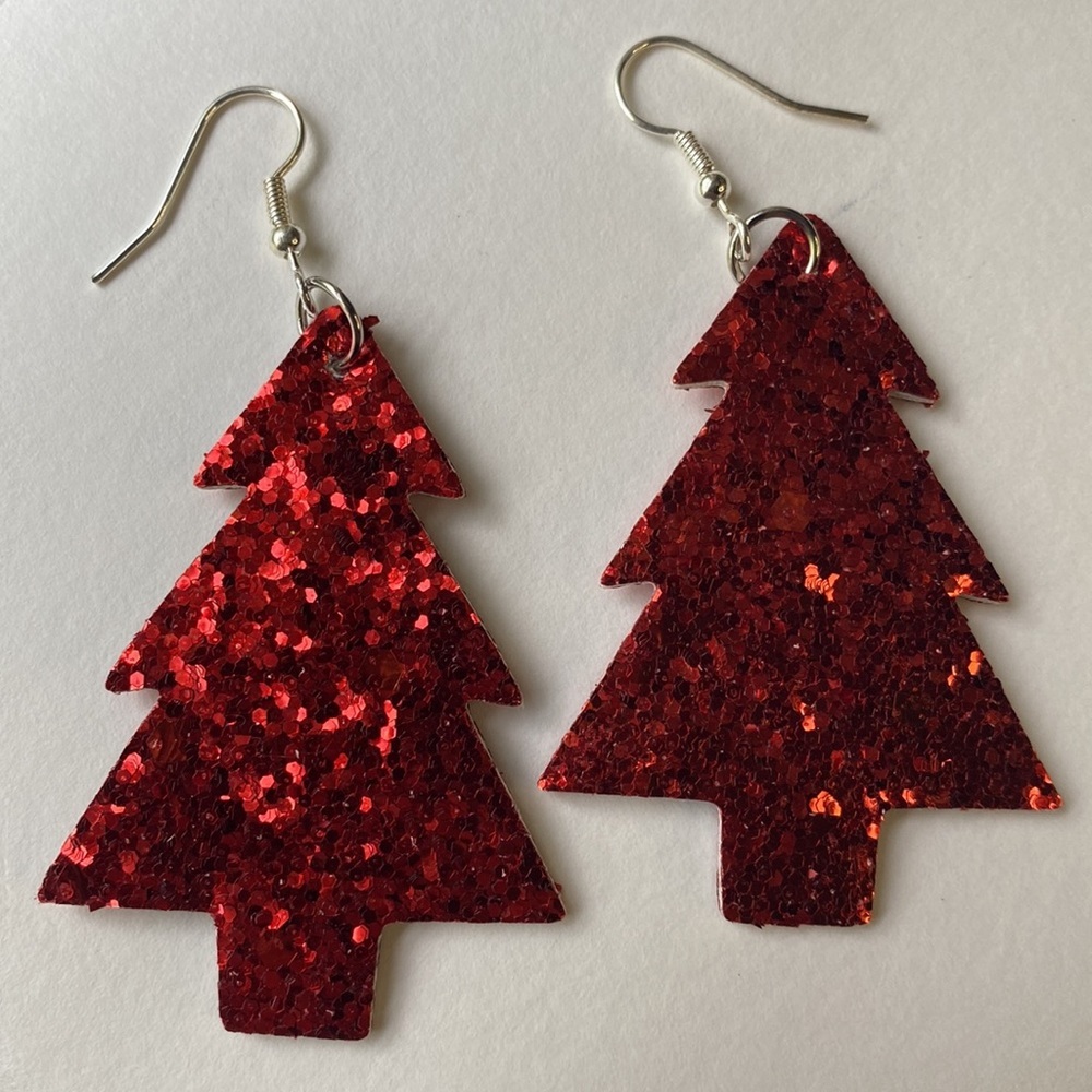 Sparkly Christmas Tree Festive Faux Leather Earrings